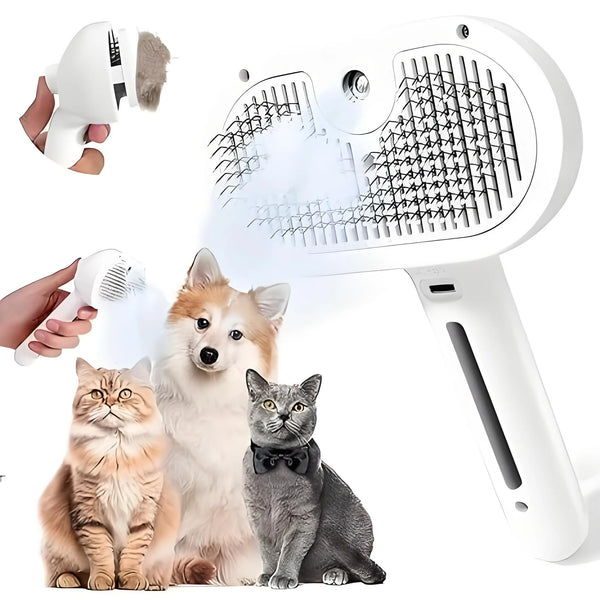 A white pet grooming steam brush spray comb is shown with a cat and a dog.
