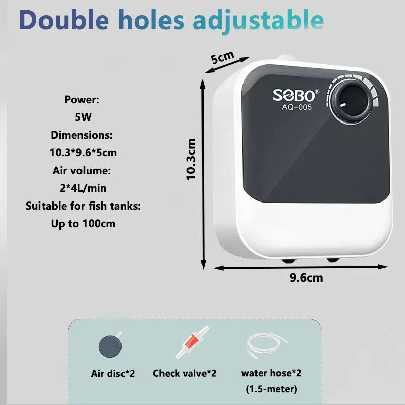 White portable air pump with adjustable holes and accessories for fish tanks