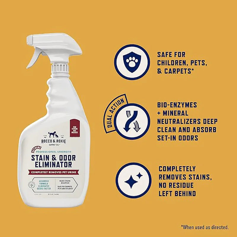 A white spray bottle of Rocco & Roxie Stain & Odor Eliminator for pet urine, showing safety and cleaning benefits.