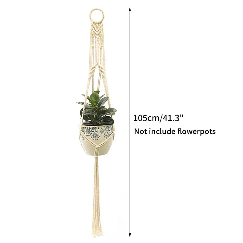 Macrame plant hanger with a hanging loop and tassel for indoor or outdoor plant decor