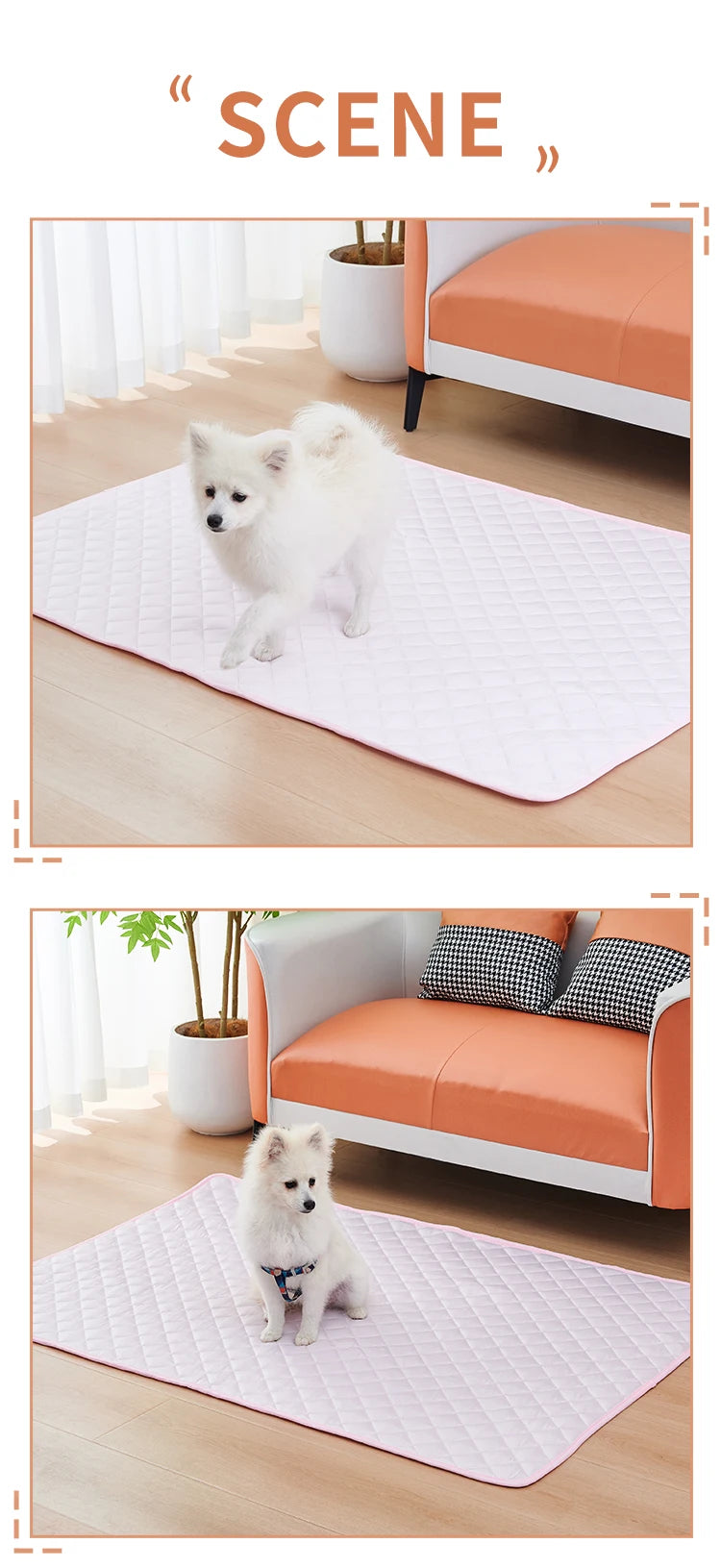 A fluffy white dog is sitting on a pink quilted mat in a modern living room setting.