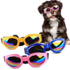 A fluffy dog wearing brightly colored, foldable sunglasses with a rainbow lens effect.