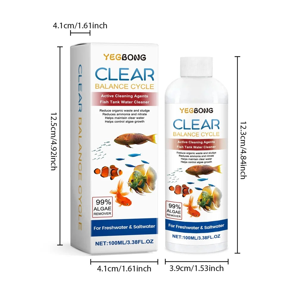 A bottle of YEGBONG CLEAR Balance Cycle active cleaning agents for fish tank water.