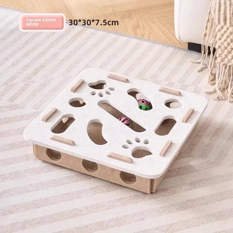 A white square puzzle toy with various holes and wooden pieces is shown on a light-colored rug.