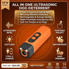 An orange portable ultrasonic dog deterrent device with features like gear frequency adjustment and a LED flash.