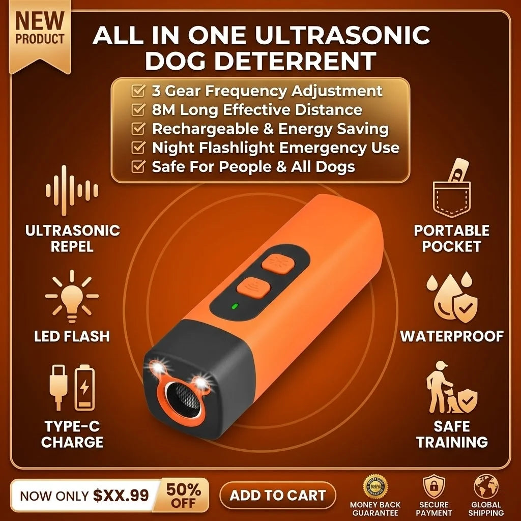 An orange portable ultrasonic dog deterrent device with features like gear frequency adjustment and a LED flash.