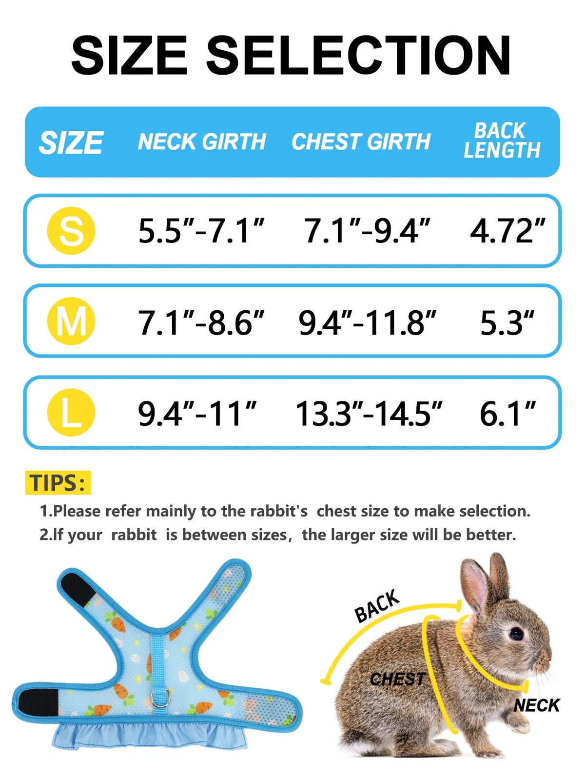 A diagram showing size selection for a rabbit harness, illustrating measurements for small, medium, and large sizes.