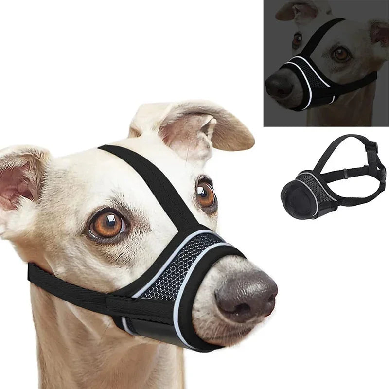 A dog wearing a black adjustable reflective soft muzzle, shown alongside the product.