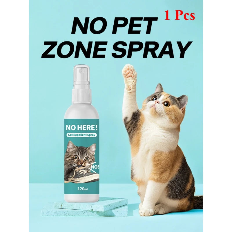 A bottle of No Pet Zone Spray is shown next to a cat looking up.