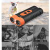 A black and orange dual head ultrasonic dog repeller device shown with various dog scenarios.