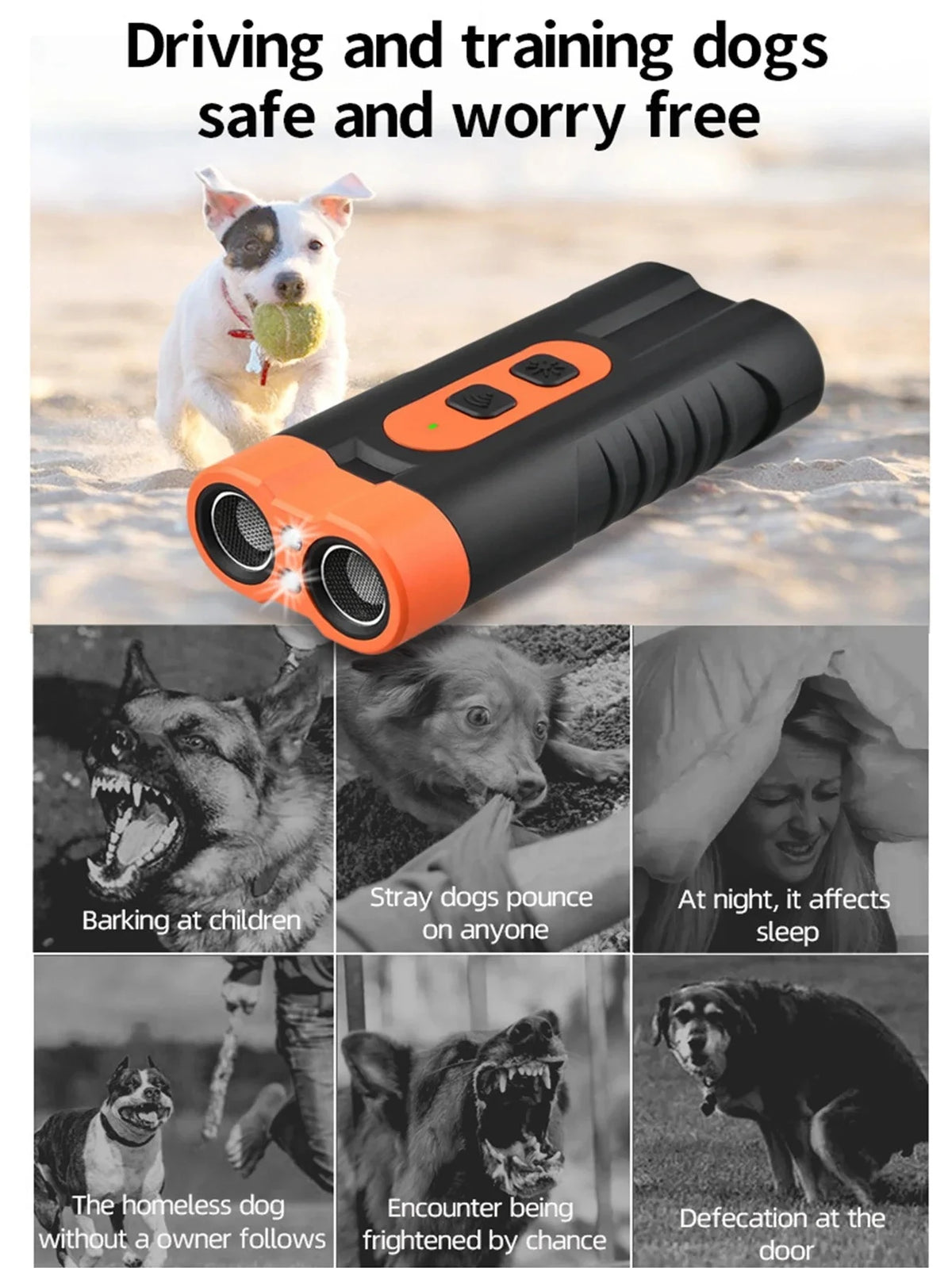 A black and orange dual head ultrasonic dog repeller device shown with various dog scenarios.