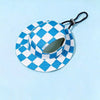 A blue and white checkered bucket hat with a black drawstring on a light blue background.