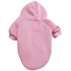 A pink cozy hoodie for a dog, featuring a hood and long sleeves.