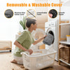 A woman is cleaning a gray removable and washable cover for an adjustable pet climbing stairs ramp.