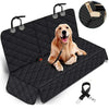 Black quilted waterproof car dog seat cover mat with straps and a dog sitting on it