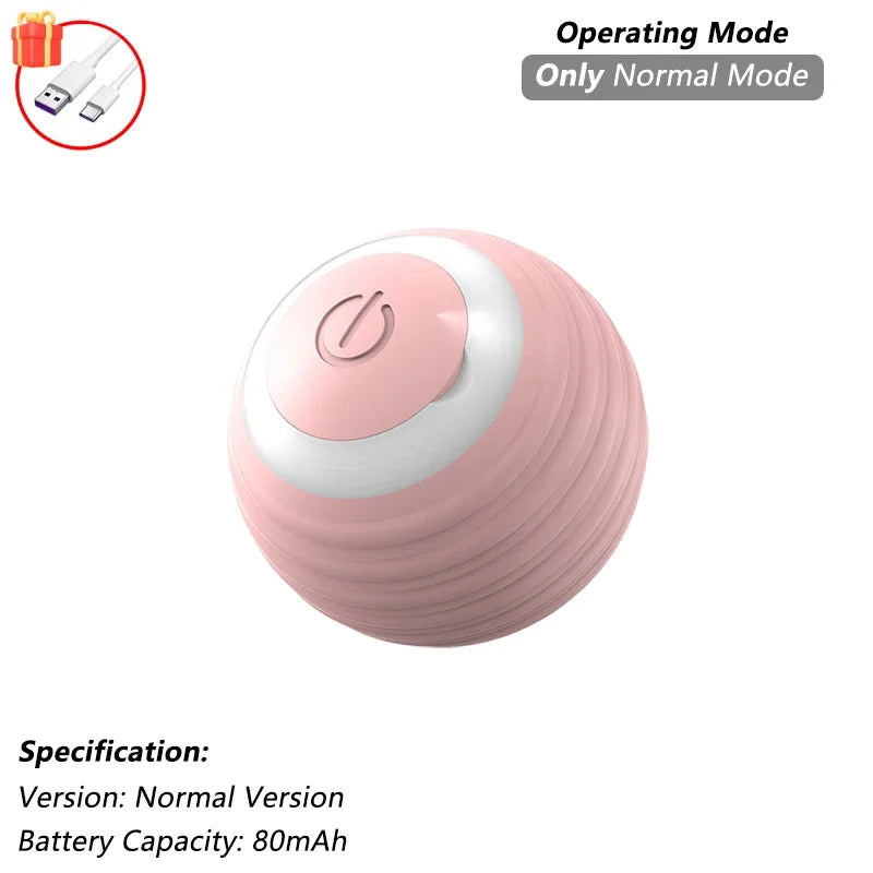 A pink and white spherical automatic rolling cat toy with a switch for operating mode.
