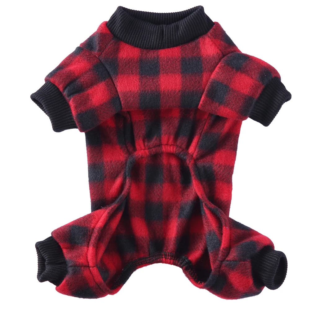Red and black plaid cozy winter overalls for a small dog