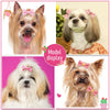 Präsentation verschiedener rosa Hundehairbänder auf Hunden unterschiedlicher Größe und Farbe.