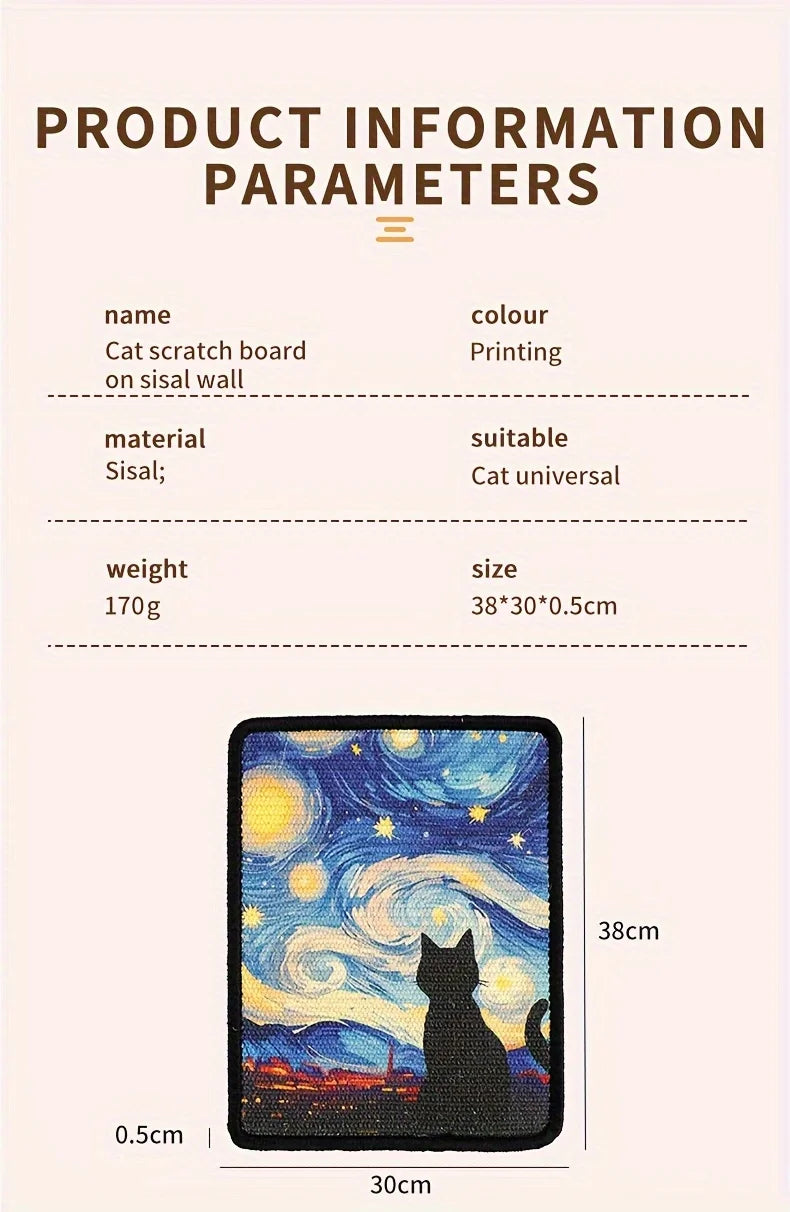 A rectangular cat scratch board made of sisal with a colorful galaxy print, shown against a white background.