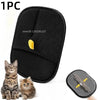 A black reusable double-sided pet hair removal glove with a yellow cleaning pad and a small kitten next to it.