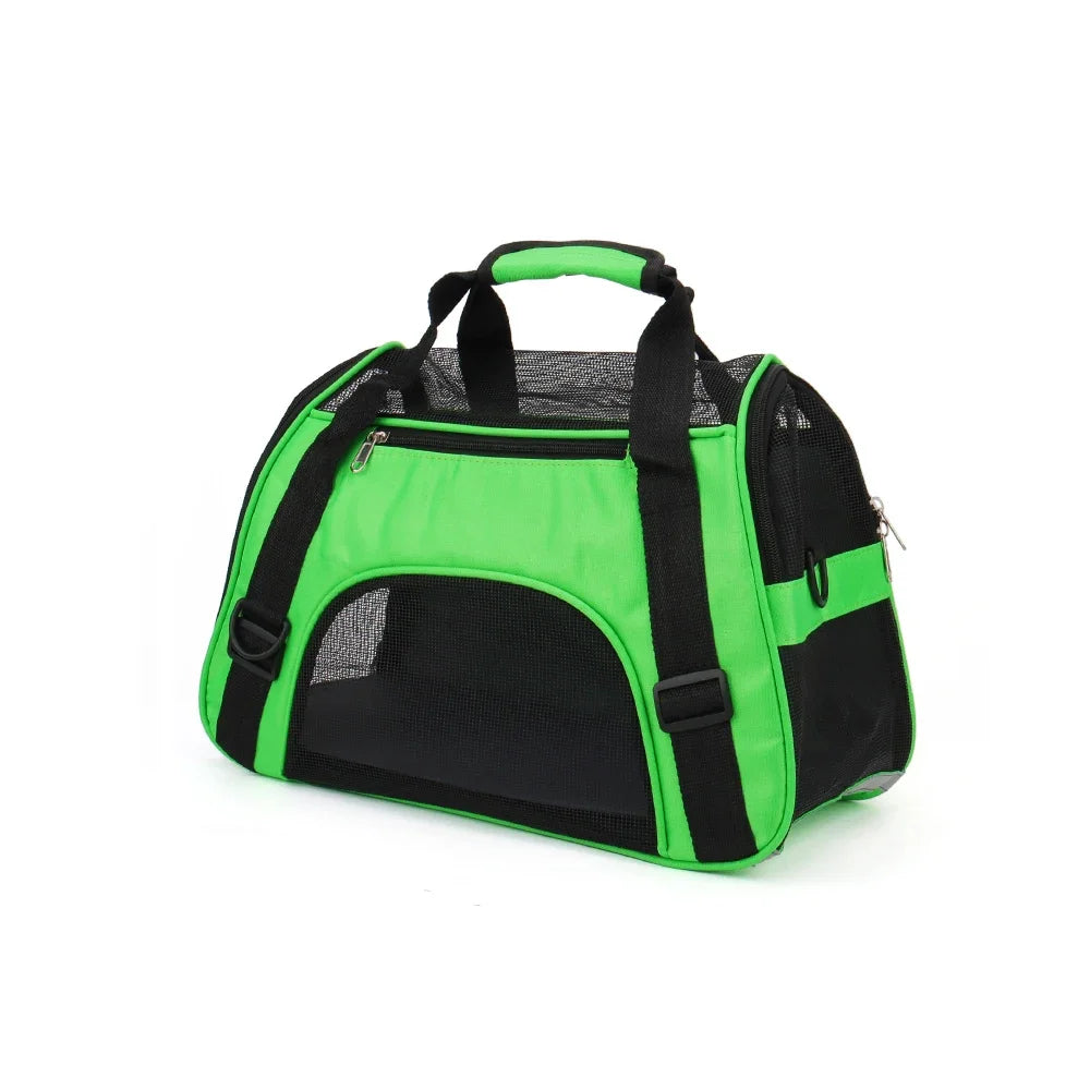 A bright lime green mesh pet carrier bag with black trim and handles.