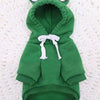 A green frog pet sweater for dogs with large eyes and a drawstring hood