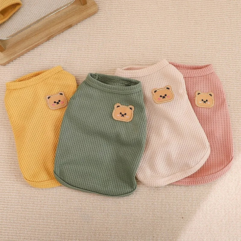 Three knitted pet shirts in yellow, olive green, and pink with embroidered bear faces.