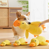 A dog is interacting with a yellow plush duck squeak toy.