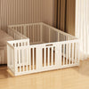 A white heavy duty pet fence cage with suction cups is shown in a room setting.