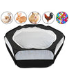 Black portable pet playpen with a white mesh floor and surrounding panels, shown next to various small animals.