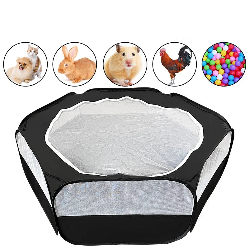 Black portable pet playpen with a white mesh floor and surrounding panels, shown next to various small animals.