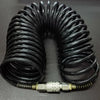 Black heavy-duty air compressor hose coiled with a quick coupler and PE adapter.