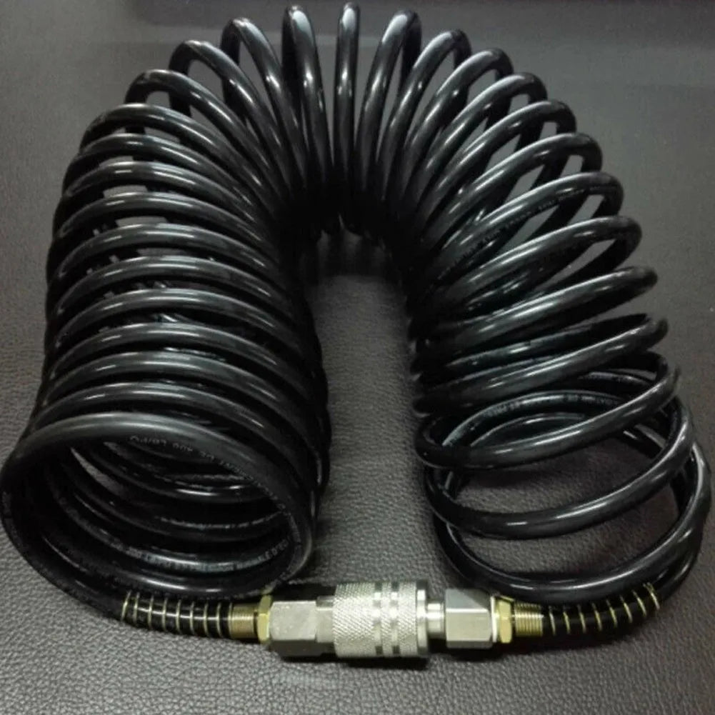 Black heavy-duty air compressor hose coiled with a quick coupler and PE adapter.