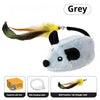 Grey interactive motion-activated cat toy featuring a bell feather tail and squeaky mouse.