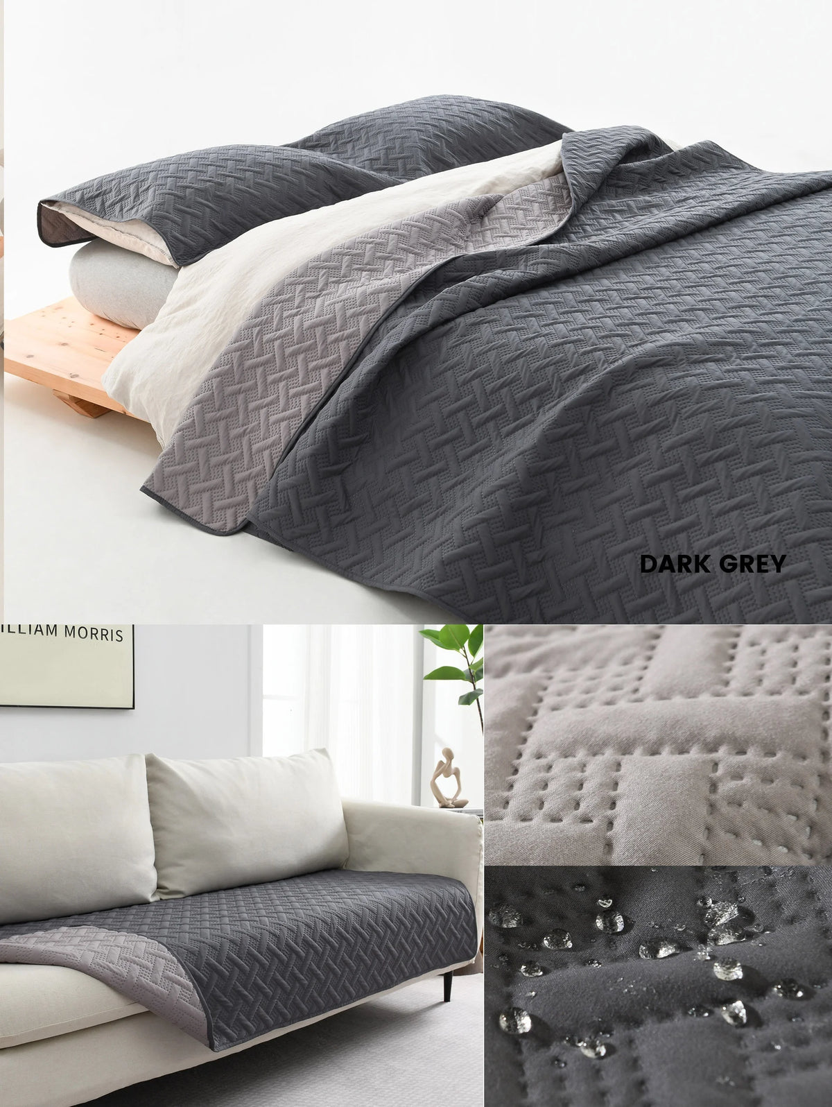 Dark grey reversible waterproof pet mat with a textured pattern shown in various contexts.