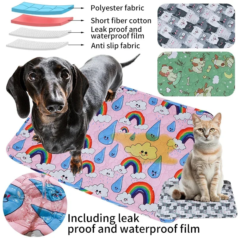 A pink pet training mat featuring various fabric types and a cat sitting on the mat.