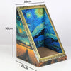 A rectangular acrylic cat bed featuring a vibrant starry night sky design and a textured scratching pad.