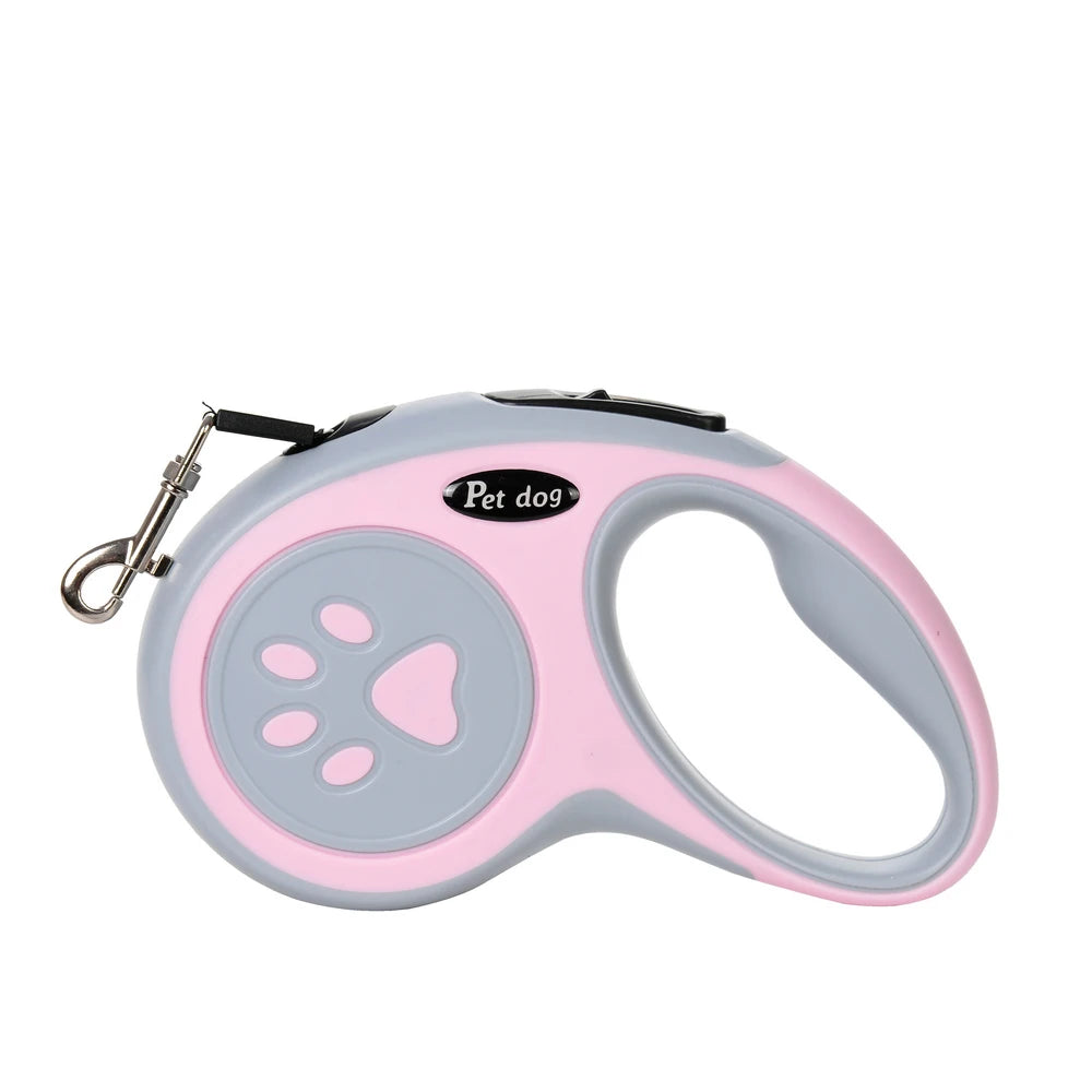 Laisse rétractable en nylon rose et gris pour petits et moyens chiens et chats.