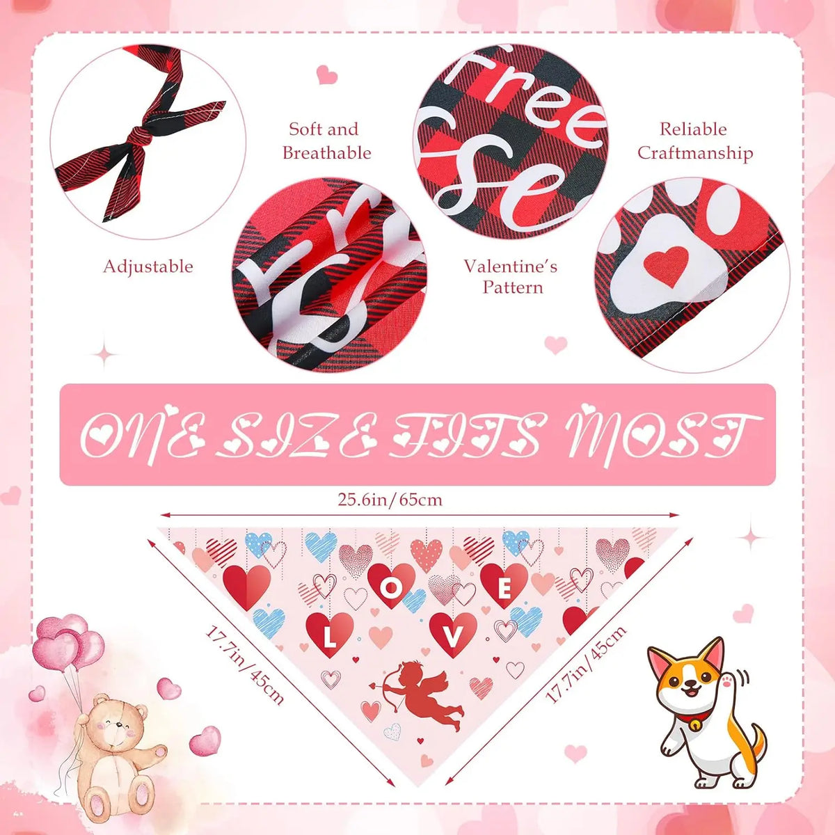 Valentine's Day dog bandanas featuring a floral heart pattern and adjustable design.
