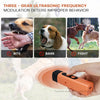 An orange ultrasonic dog bark deterrent training device is shown being held by a hand, with images of dogs reacting to the so