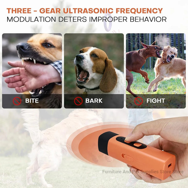 An orange ultrasonic dog bark deterrent training device is shown being held by a hand, with images of dogs reacting to the so