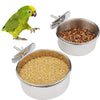 Stainless steel clamp-on pet feeding bowl for bird cages with a green parrot