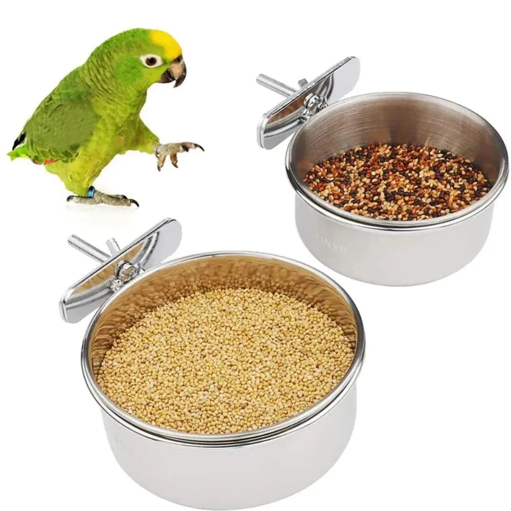 Stainless steel clamp-on pet feeding bowl for bird cages with a green parrot