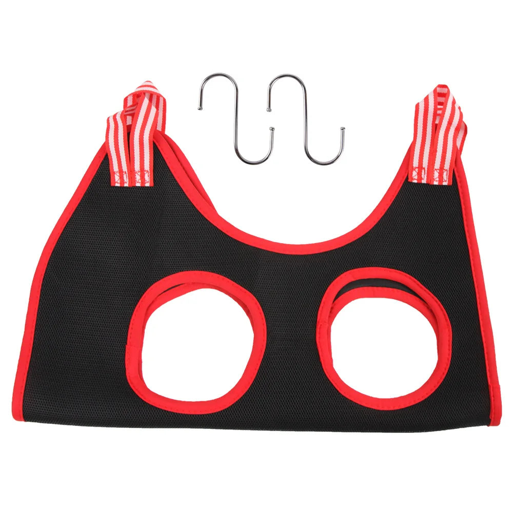 Black pet nail trimming hammock with red accents and hanging straps for cats