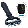 A black two-sided pet grooming brush with a handle and a flexible metal comb attachment shown next to a circular inset.