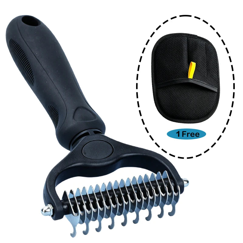 A black two-sided pet grooming brush with a handle and a flexible metal comb attachment shown next to a circular inset.