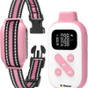 A pink dog training collar with a white remote control and black strap is shown.