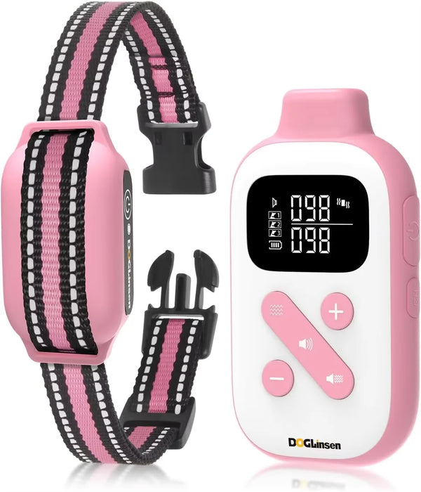 A pink dog training collar with a white remote control and black strap is shown.