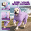 A light purple flexible dog raincoat featuring an elastic headgear, waistband, and leg sleeves.