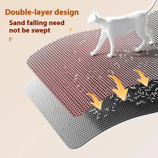 A white cat is standing on a double-layer pet litter mat designed to prevent sand from being swept.